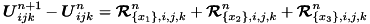 \[ \vec{U}^{n+1}_{ijk} - \vec{U}^n_{ijk} = \vec{\cal R}_{\{x_1\},i,j,k}^n + \vec{\cal R}_{\{x_2\},i,j,k}^n + \vec{\cal R}_{\{x_3\},i,j,k}^n \]